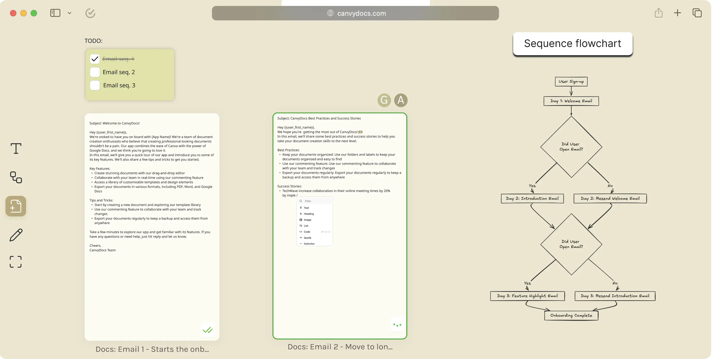 CanvyDocs screenshot with flowchat, todos and google docs open